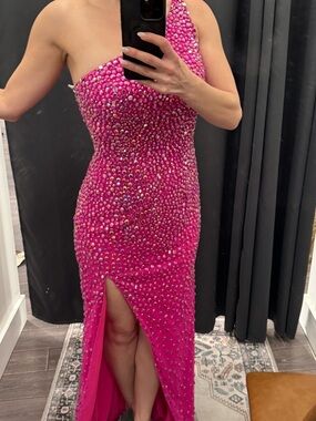 Hot pink rhinestone Sherri hill pageant prom gown Evening Dress, one shoulder